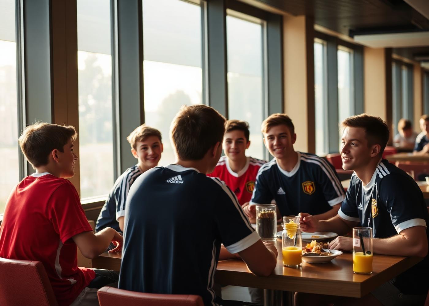 Jeugdteam ontbijt samen in een modern hotel